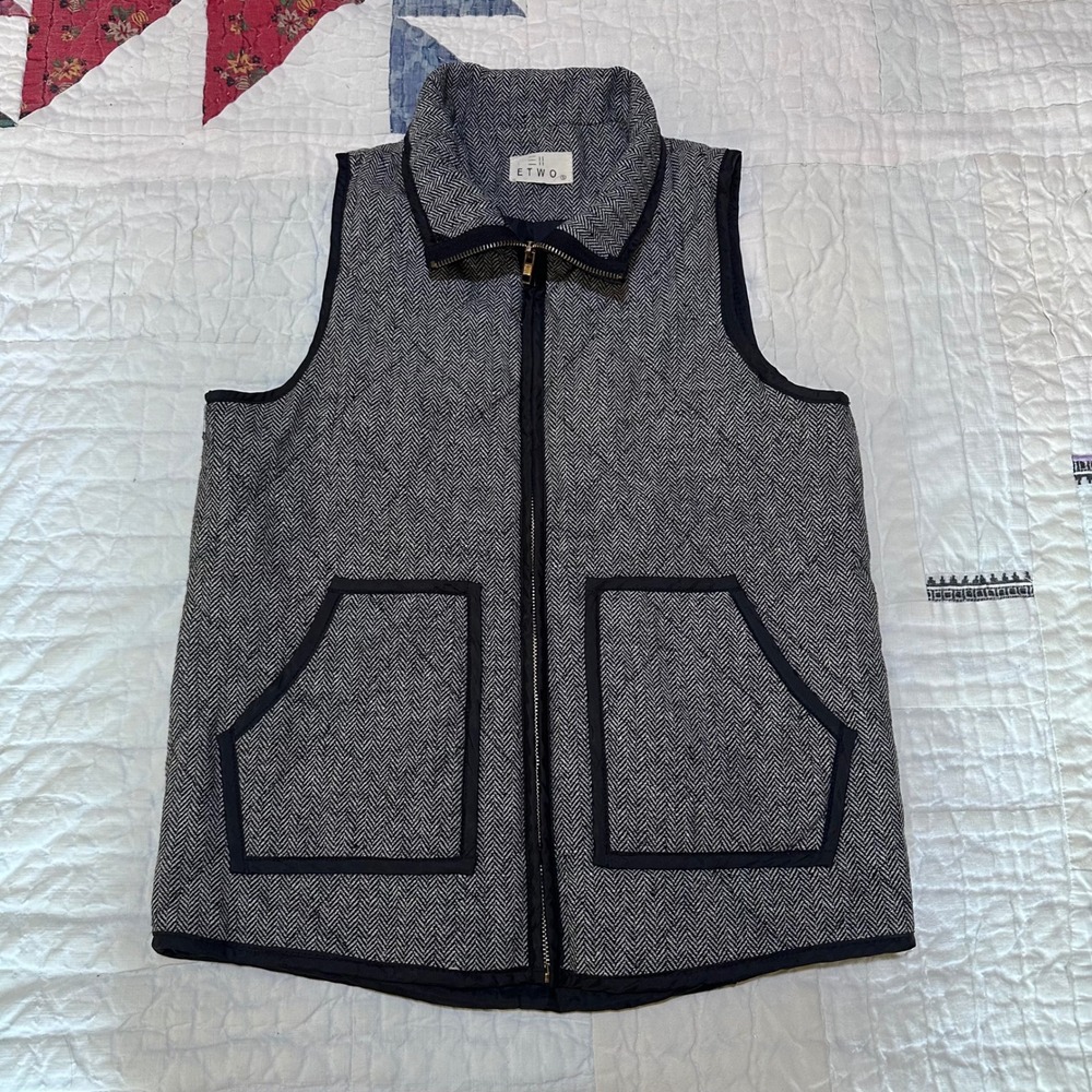 ETWO Herringbone Zip Up Vest Black White Herringbone Small